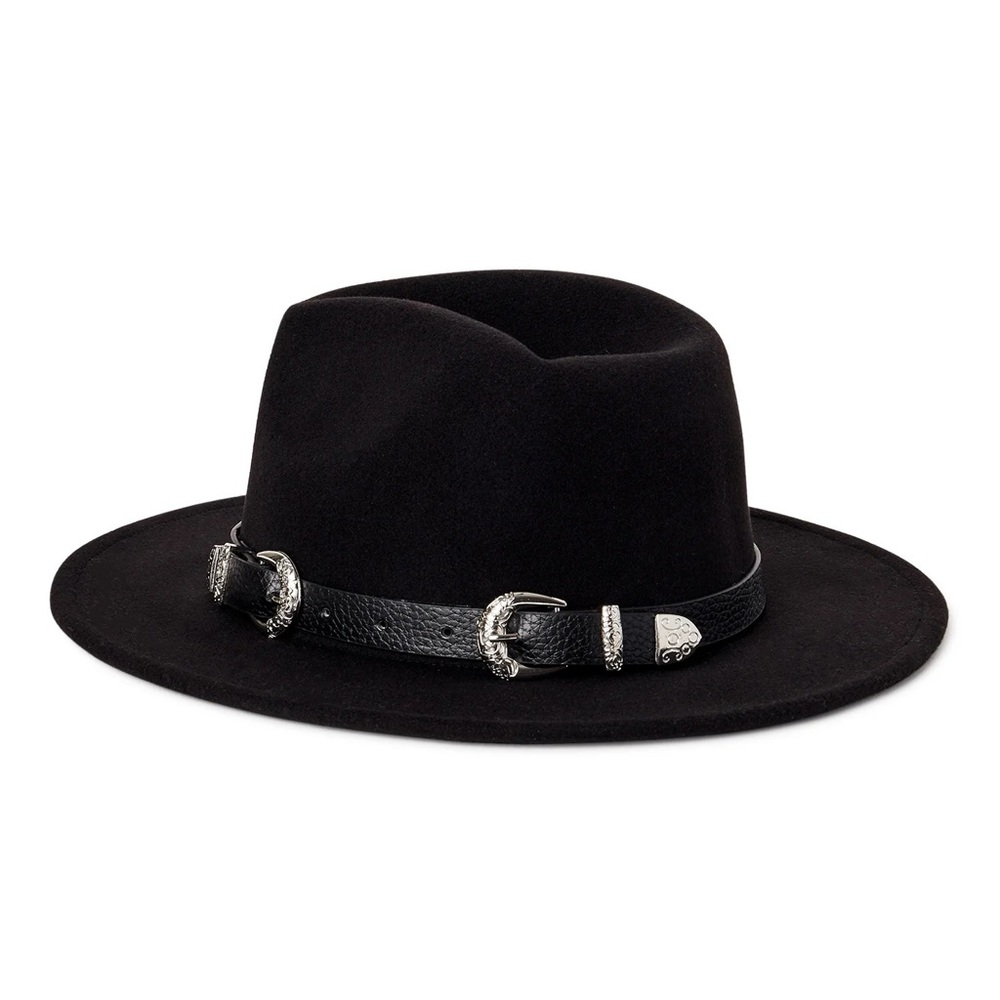 Kendall & Kylie Black Wide-Brim Felt Hat with Silver Buckle Band